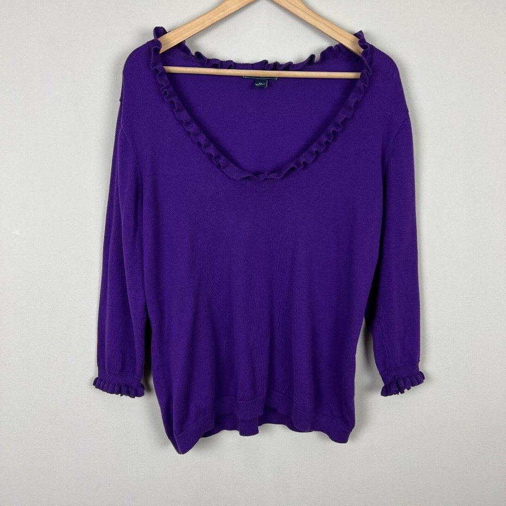 American Living Sweater Women XL Purple Ruffle V-Neck Knit 3/4 Sleeve Sweatshirt